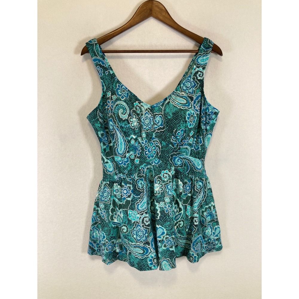 Boho Maxine Women 22W Teal Paisley Snakeskin Print V-Neck Swim Dress X7H3090